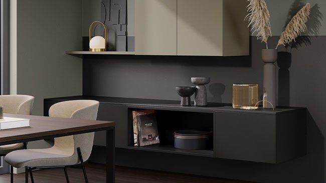 Moderne Küchenausstellung – stilvolles Sideboard in Schwarz